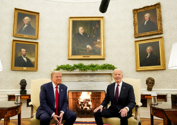 U.S. President Joe Biden meets with President-elect Donald Trump in the Oval Office at the White House in Washington